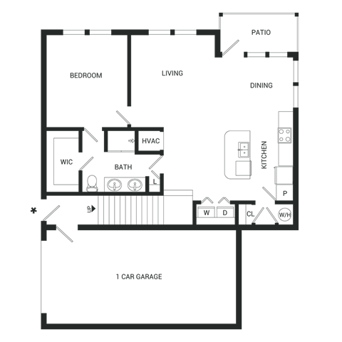 Floor plan for 1 bed, 1 bath, 900 sqft